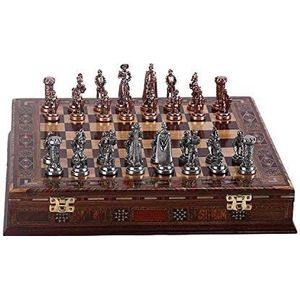 GiftHome Middeleeuwse Britse leger antieke koperen metalen schaakset voor volwassenen, handgemaakte stukken en natuurlijke massief houten schaakbord met parel ontwerp rond bord en opslag binnen koning
