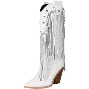 Dames Western Cowboylaarzen Met Klinknagel 2025 Retro Lange Boots Met Franjes Puntige Neus Hoge Laarzen Met Blokhak Dames PU Leren Brede Buis Instapschoenen(White,43 EU)