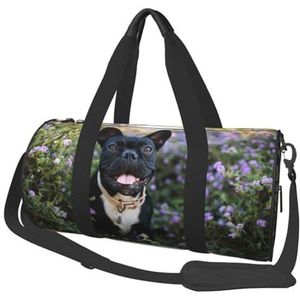 Franse Bulldog staat in bloemen ontwerp, grote capaciteit reizen plunjezak ronde handtas sport reistas draagtas fitness tas, zoals afgebeeld, Eén maat