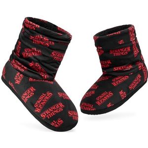Stranger Things Laarzen pantoffels dames en tieners - warme pluche binnenhuisschoenen maat 2-7 antislip zool - geschenken voor haar, Zwart/Rood, 5/6 UK