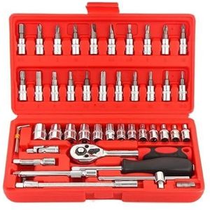 46 stuks garagegereedschap autoreparatiegereedschap chroom-vanadiumstaal huls gereedschap ratelsleutel schroevendraaier combinatie autogereedschap(Red)