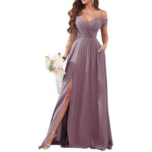 Dames chiffon bruidsmeisjes jurken met split lange galajurken ruches cocktailjurk plus size, Wisteria, 32