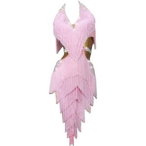 FZHQNZJF Dames Latijns Dansjurken Steentjes Tango Chacha Concurrentie Kostuum Kwast Salsa Prestatie Dans Kostuum Mouwloos Balzaal Dansende Kleding,Roze,L