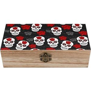 Witte schedels, rode en zwarte rozen houten kist met deksel opbergdozen organiseren juwelendoos decoratieve dozen voor vrouwen mannen