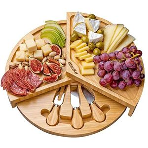 Bamboe Kaasplank met Kaasmessen Set voor 2-3 Personen – Ronde Kaasplaat van Hout met 3 Messen – Bamboo Cheese Board – Geweldig Cadeau voor Kerstmis, Bruiloft of Jubileum – BlauKe