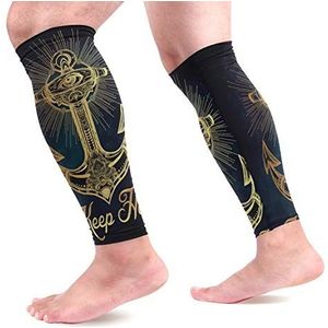 EZIOLY Vintage ankersymbool sport kalf compressie mouwen been compressie sokken kuitbeschermer voor hardlopen, fietsen, moederschap, reizen, verpleegkundigen