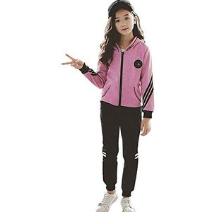 YFPICO Trainingspak voor meisjes, met capuchon, sportset, 2/3-delig, jas, sportbroek, sweatshirt, ritssluiting, lente, herfst, pak, joggen, joggers, Roos rood (twee elementen), 3-4 Jaren