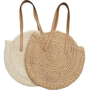 Rieten tas ronde stro strandtas handgemaakte vintage gevlochten schoudertas bast cirkel rotan tassen casual tassen voor zomervakantie Boheemse zomervakantie zomertassen, Beige-01, Eén maat