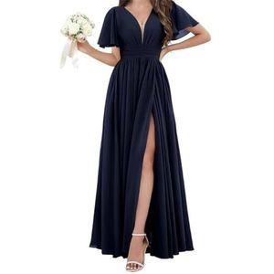 Chiffon bruidsmeisjesjurken voor dames, voor bruiloft, met split, avondgalajurken, cocktailjurken, grote maten, Donkerblauw, 32