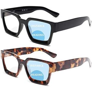 JM Vierkante leesbril voor dames, 2 paar, computerspeler voor het blokkeren van blauw licht met veerscharnier, zwart en schildpad + 1,5, Zwart en schildpad, 1.50