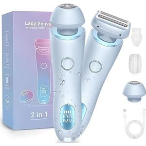 Waterdicht 2-in-1 elektrisch scheermes voor vrouwen: pijnloos ontharingsscheerapparaat met dubbele hoofden, nat en droog gebruik voor gezicht, lippen, armen, benen, oksels, bikini, oplaadbaar (blauw)