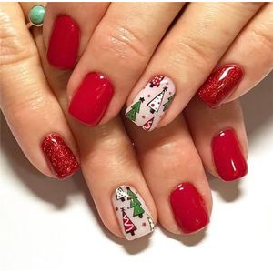 48 stuks mooie kersen, volledige afdekkingen om op te plakken, kunstnagels, kerstboom, kunstnagels, korte vierkante nagels om op te drukken