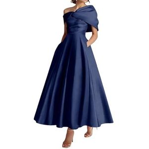 KIYNE Dames thee lengte moeder van de bruid jurken met zakken A-lijn V-hals satijnen bruiloft gast jurk formele jurk, Donkerblauw, 40