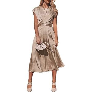 Sawmew Satijnen jurk voor dames Elegante zomer midi-jurken Ronde hals Mouwloos Hoge taille A-lijn lange jurken Effen avondjurk met bandjes Cocktailjurk Satijnen vakantiejurk (Color : Apricot, Size :