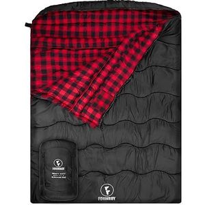 FORINBUY Katoenen flanel dubbele slaapzak voor volwassenen, waterdichte 2-persoonsslaapzak, Queen Size twee-persoons koud weerslaapzak, geschikt voor gezinnen, camping, camper, reizen (zwart-rood)