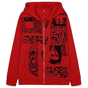 Vrouwelijke Y2K Esthetische Sweatshirts Zip Up Lange Mouwen Hoodie Jas Jas Vintage Harajuku Gothic Grunge Kleding Streetwear,Rood,S