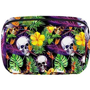 Cosmetische Tassen Voor Vrouwen Kleine Make-up Tas Reizen Toiletry Pouch Organizer Rits Tropische Schedel Palm Bloemen Patroon, Meerkleurig, 17.5x7x10.5cm/6.9x4.1x2.8in