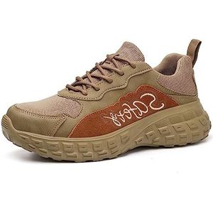 PENXZT Heren Veiligheidstrainers Lichtgewicht werk stalen neus schoenen Ademende doorprikbestendige antistatische industriële sneakers grote maat 37-50,Khaki,50 EU