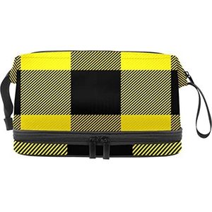 Grote capaciteit reizen cosmetische tas,Zwart Geel Gird Gridding,Make-up tas,Waterdichte make-up tas Organizer, Meerkleurig, 27x15x14 cm/10.6x5.9x5.5 in