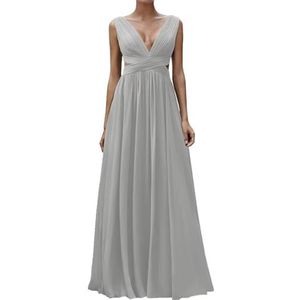 Diepe V-hals Prinses Bruidsmeisjes Jurken Chiffon Galajurken met Split Formele Avondjurk ZM195, Zilver, 32