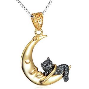 Ketting Kettingen Voor Vrouwen Maan Zwart Kat Plated 18 k Goud Hanger 925 Sterling Zilver Lange Gepersonaliseerde Sieraden Meisjes Moeder Koppels Unisex