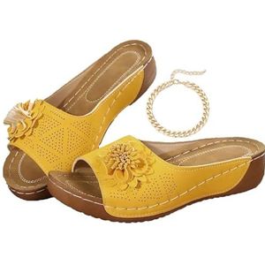 Comfortabele Antislip Effenkleurige Sandalen Met Open Teen En Sleehak For Dames For De Hele Dag Wandelen Casual Slipper Met Boogondersteuning(Yellow,45)