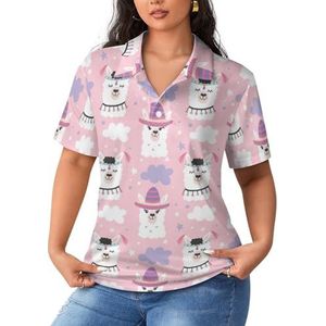 Leuke cartoon lama alpaca dames poloshirts met korte mouwen casual T-shirts met kraag golfshirts sport blouses tops L