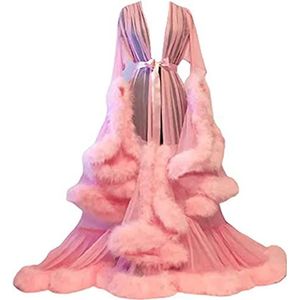 TROTTS Tule badjas voor dames, bruidslingerie, oude Hollywood, sexy veren, zijden badjas, doorschijnend kanten nachthemd voor fotoshoot (kleur: roze, maat: één maat)