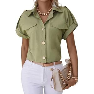 dames topjes Overhemd met klepzak, oprolbare mouwen en knopen aan de voorkant - Mintgroen Casual effen overhemdkraag, losse, niet-stretch geweven stof met korte mouwen (Color : Mint Green, Size : L