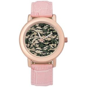 Groene Camouflage Gun Wapen Vrouwen Horloge PU Band Polshorloge Quartz Roze Valentijnsdag Gift