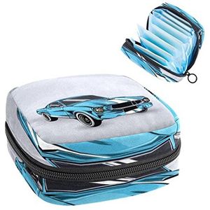 Opbergtas voor maandverband Pads, Menstruatie Cup Pouch, Periode Bag Organizer voor vrouwelijke Pads Tampons, Retro Blue Car