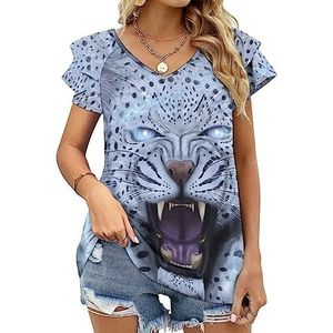 Roaring Leopard Casual tuniek tops ruches korte mouwen T-shirts V-hals blouse T-shirt