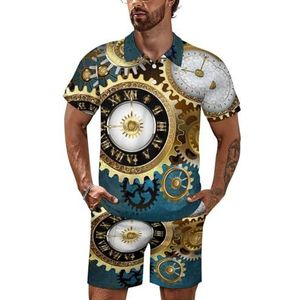 Twee Steampunk klokken met versnellingen heren poloshirt set korte mouwen trainingspak set casual strand shirts shorts outfit 5XL