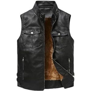 WUFANGBU Vesten Heren Pu Lederen Vest Casual Man Warm Windjack Mouwloze Jassen Mannen Retro Punk Lederen Vesten Kleding, Zwart, L