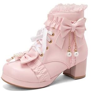 Student Zoete Enkellaarzen Met Strik + Parels Dames Platform Blokhak Veterlaarzen Herfst Winter PU-leer Korte Laarzen Lolita Cosplay Enkellaarsjes Elegante Enkelschoenen for Feest(Pink,41 EU)