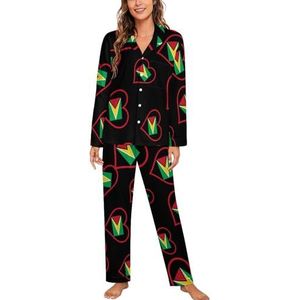 I Love Guyana Rood Hart Vrouwen Lange Mouw Button Down Nachtkleding Zachte Nachtkleding Lounge Pyjama Set L
