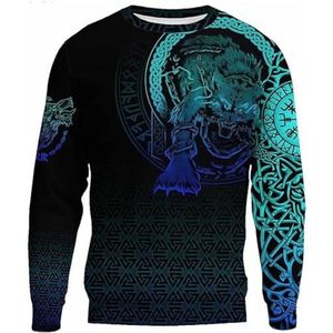 Noorse Mythologie Fenrir Wolf Sweatshirt - Nieuw Hip Hop 3D Print Tattoo Viking Heren Trui met Ronde Hals - Pagan Lange Mouw Feest Evenement Cosplay Kostuum (Color : Blue, Size : XXL)