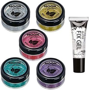 Moon Glitter Eco Glitter Shakers, biologisch afbreekbaar, 100% cosmetische biologische glitter voor gezicht, lichaam, nagels, haar en lippen, 5 g, set van 5, plus Glitter Fix Gel
