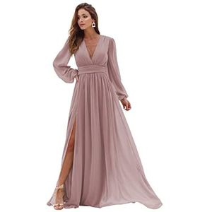 WSEYU V-hals Lange Mouwen Bruidsmeisjes Jurken met split Chiffon A Line Geplooide Prom Jurken met Zakken C051A, Dusty Roze, 36