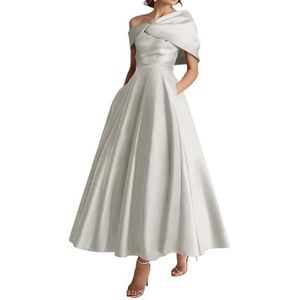 KIYNE Dames thee lengte moeder van de bruid jurken met zakken A-lijn V-hals satijnen bruiloft gast jurk formele jurk, Zilver, 34