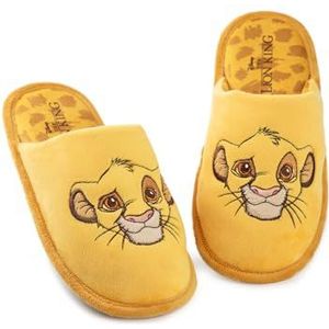 Disney De Lion King damespantoffels | Dames Simba Indoor bontmuiltjes in geel | Geborduurde instap-huisschoenen met dierenkarakter voor volwassenen en tieners | Merchandisecadeau voor animatiefilms