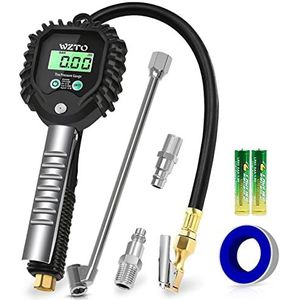 WZTO Digitale bandenspanningsmeter en bandenpomp, geijkte luchtdruktester, 255 psi, hoge precisie, bandenspanningsmeter met lcd-scherm, voor alle voertuigen, vrachtwagens, motoren (US & EU standaard