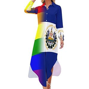 LGBT Pride El Salvador vlag dames maxi-jurk lange mouwen knopen overhemd jurk casual feest lange jurken 5XL