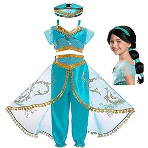 Kinderen Aladdin Kostuum Meisjes Prinses Jasmine Jurk met Pruik voor Halloween Kerstfeest Verjaardag Carnaval 3-11 jaar (120, Dress Set A)