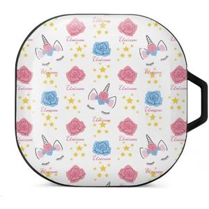 Eenhoorn hoofd met rozen en sterren oordopjes hoesje compatibel met Samsung hard shell beschermhoes zwart stijl