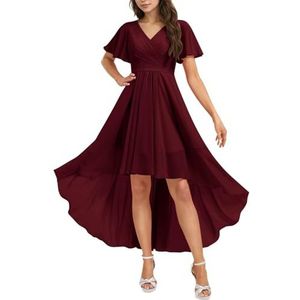 HPPEE Chiffon bruidsmeisjesjurk voor dames, met mouwen, geplooid, hoge lage V-hals, formele avondfeestjurk, Bordeaux, 32