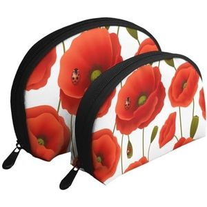 Make-uptas, cosmetische reistas, 2 stuks draagbare clutch pouch-set zakje organizer bloemenpatroon van papaver bloemen, zoals afgebeeld, Eén maat