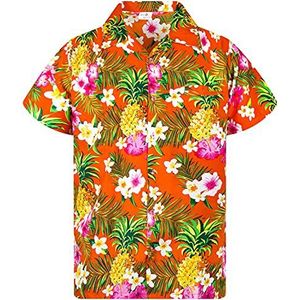 King Kameha Hawaiihemd, voor heren, korte mouwen, borstzakje, Hawaii-print met ananas- en hibiscusmotief, Pineapple Flowers Oranje, XL