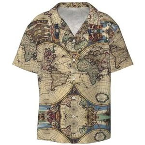 OdDdot Ancient Map World Globe Print Heren Button Down Shirt Korte Mouw Casual Shirt voor Mannen Zomer Business Casual Jurk Shirt, Zwart, L