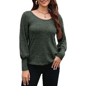 T-shirt met lange mouwen, losse pasvorm, casual blouse met ronde hals, comfortabel, effen voor het werk, groen, S